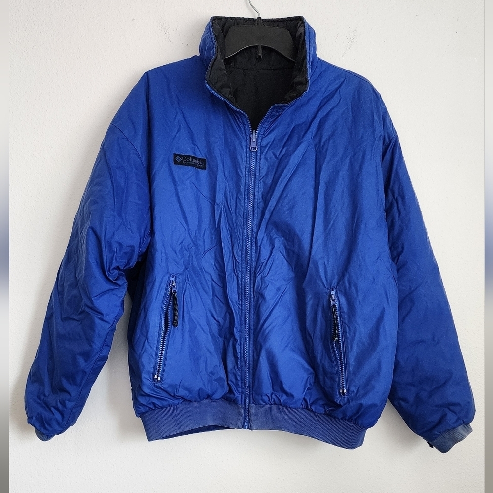 Columbia Vintage 90's Blue & Black Reversible Puffer Zip Jacket Ribbed Cuffs.